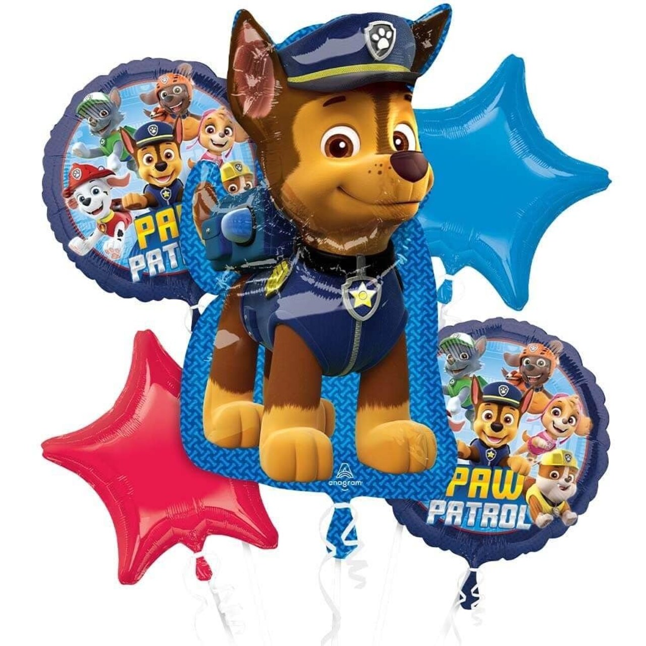 Paw Patrol Balloon Bouquet – 5 Piece Set with Chase SuperShape, Stars, and Character Balloons, Party Decoration